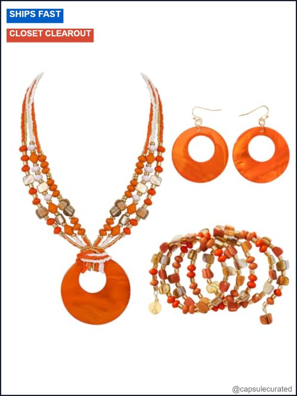 4Pc Chunky Beaded Shell Necklace & Earrings Set Women Boho Multi Strand
